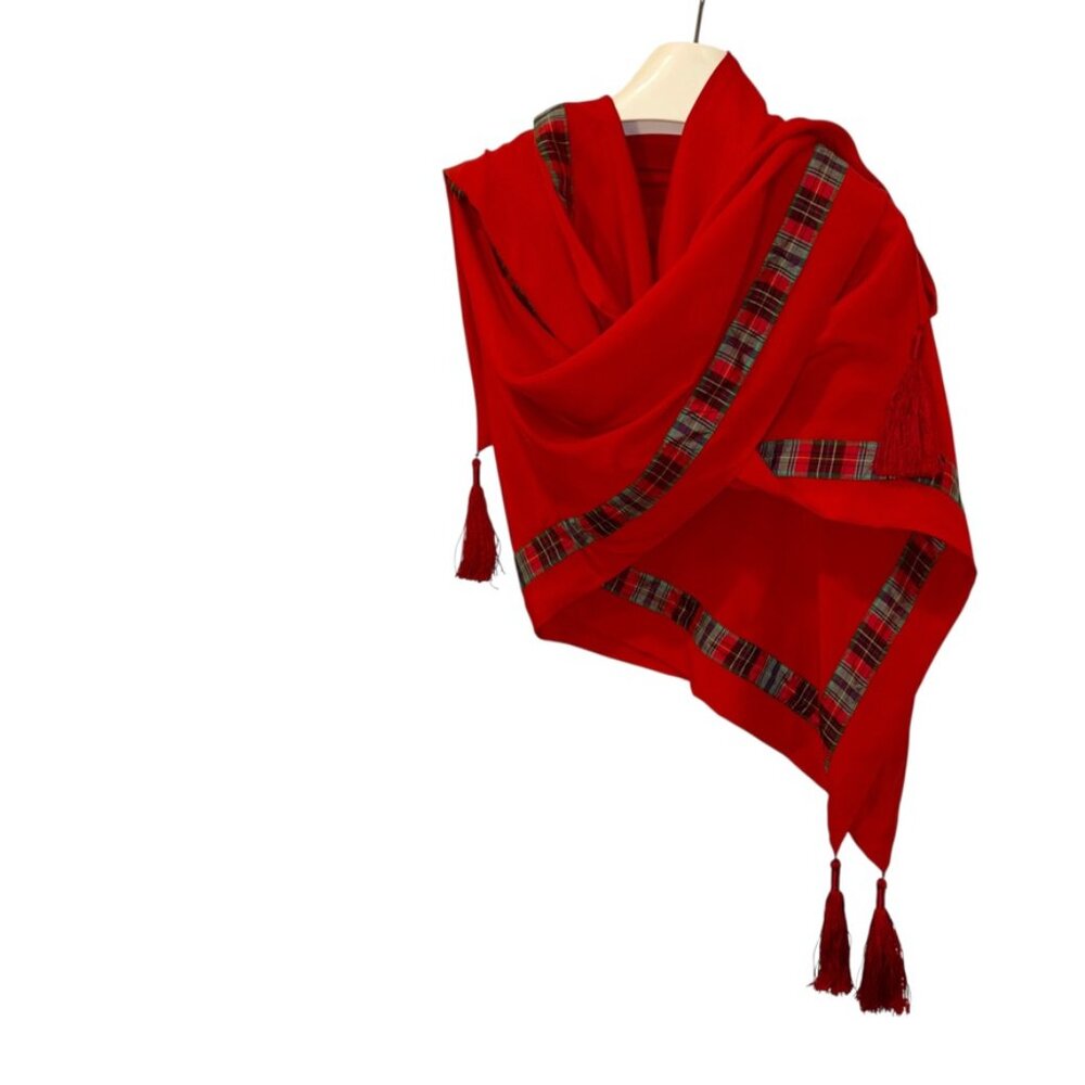 Givenchy red Scottish Stewart Plaid Designer holiday silk shawl scarf wrap - Picture 3 of 6